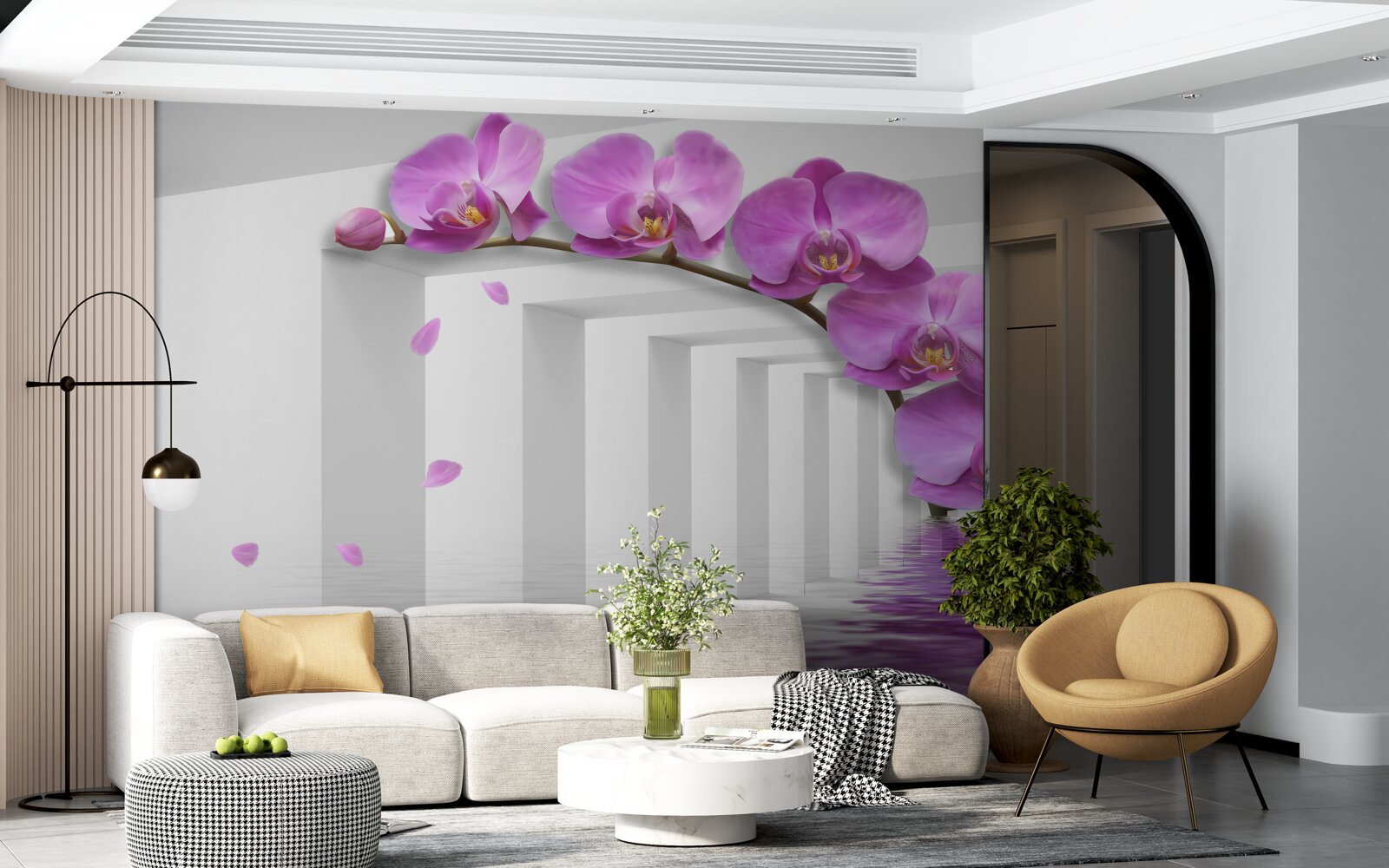 Fototapeta liliowa orchidea na gałęzi otoczona białymi łukami