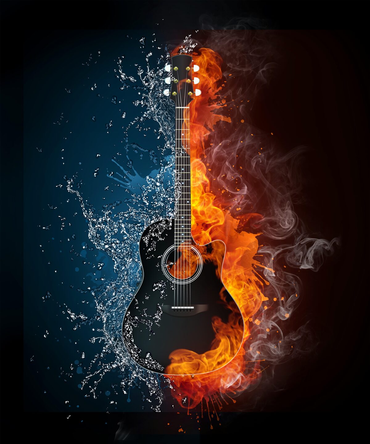 Fototapeta woda i ogień otaczają gitarę