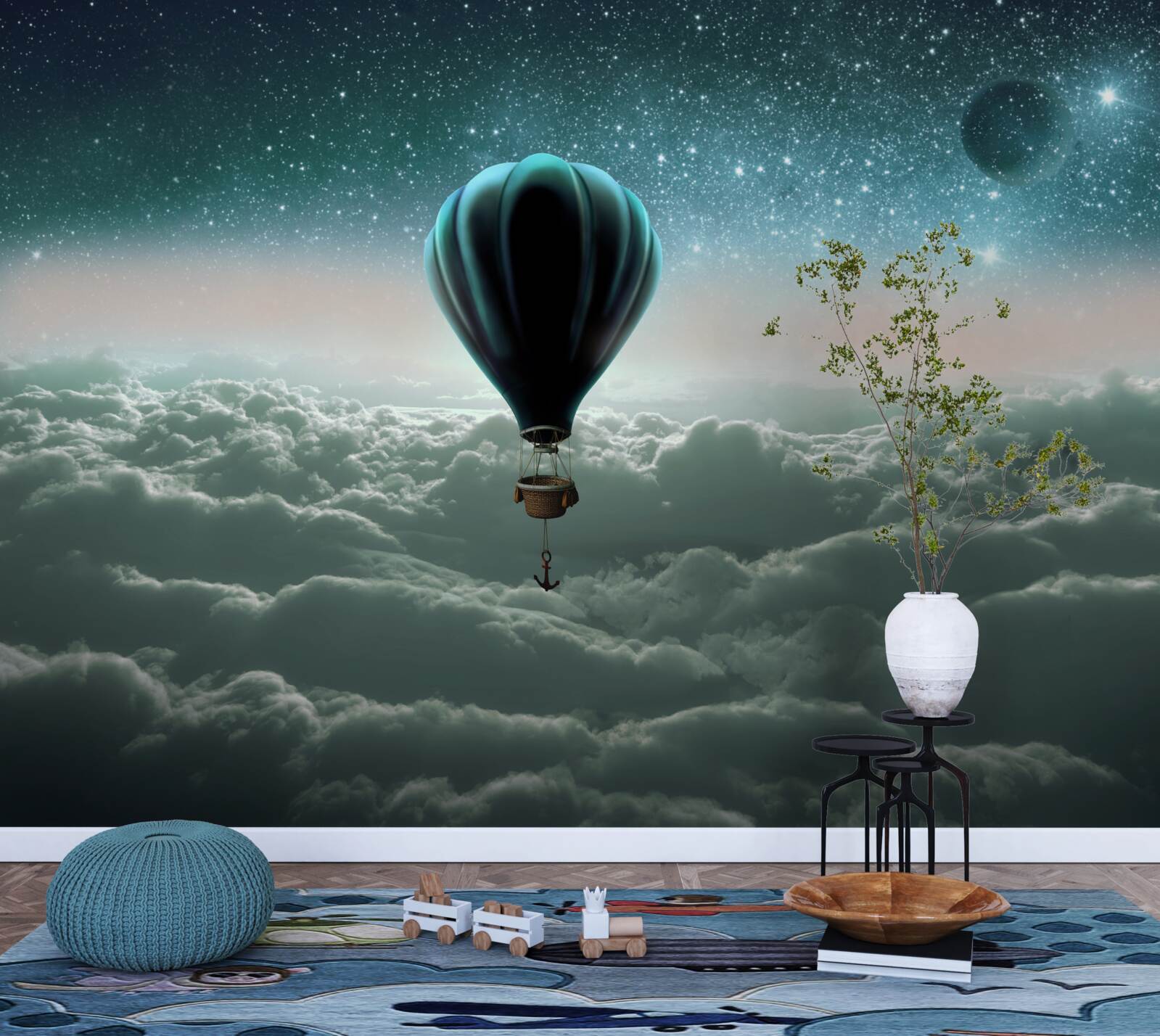 Fototapeta nocny balon na ogrzane powietrze unoszący się nad chmurami