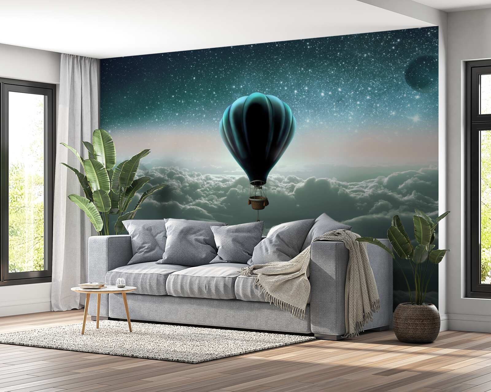 Fototapeta nocny balon na ogrzane powietrze unoszący się nad chmurami