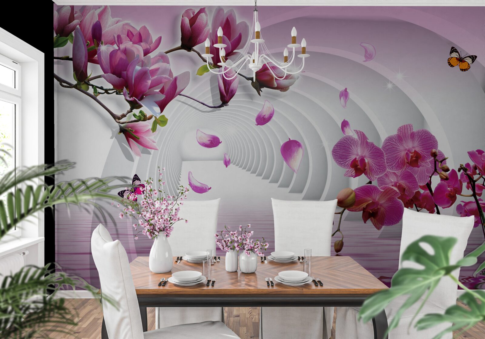 Fototapeta liliowe orchidee na gałęziach i latające motyle