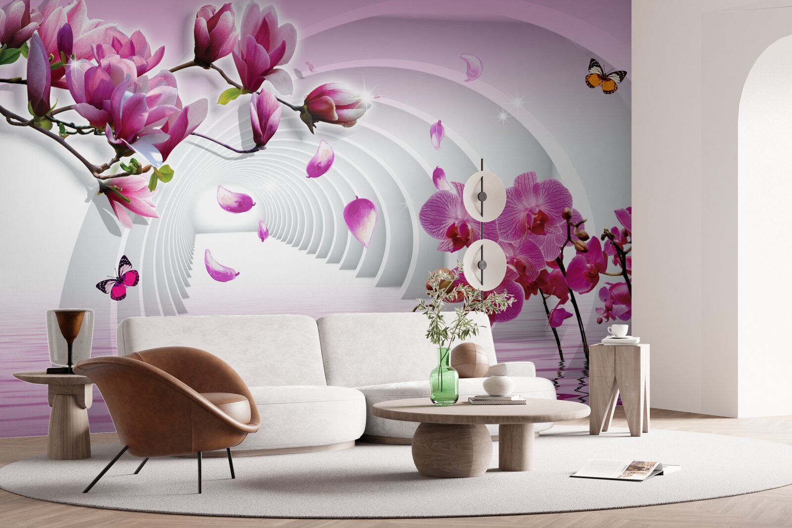 Fototapeta liliowe orchidee na gałęziach i latające motyle