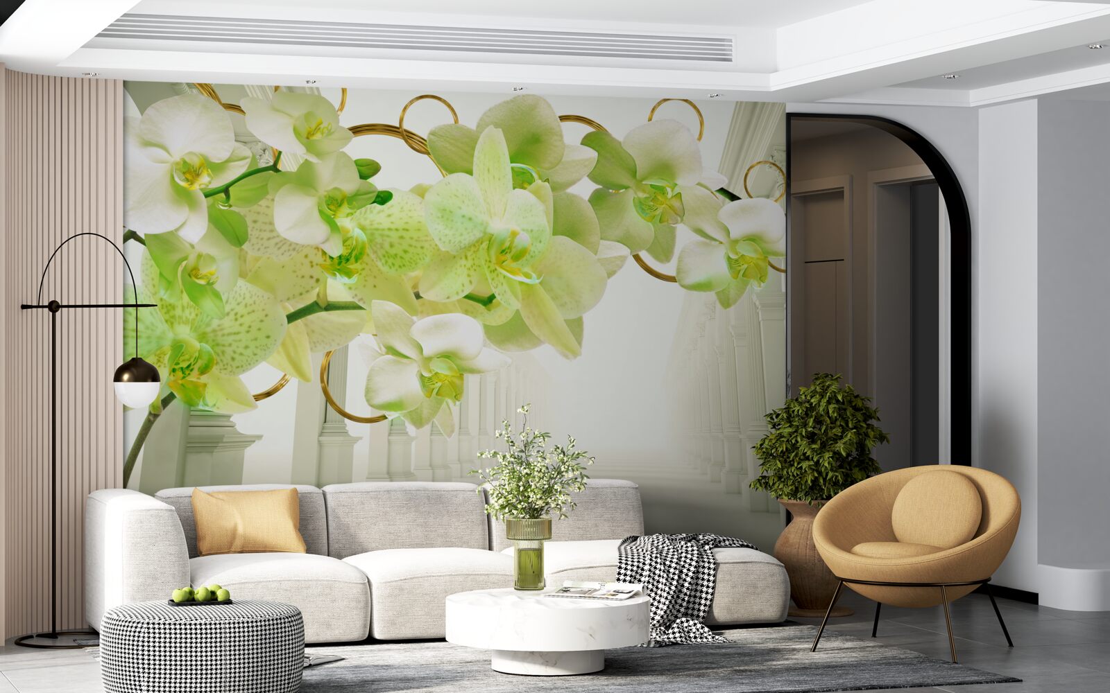 Fototapeta biało-zielona orchidea na tle białych filarów