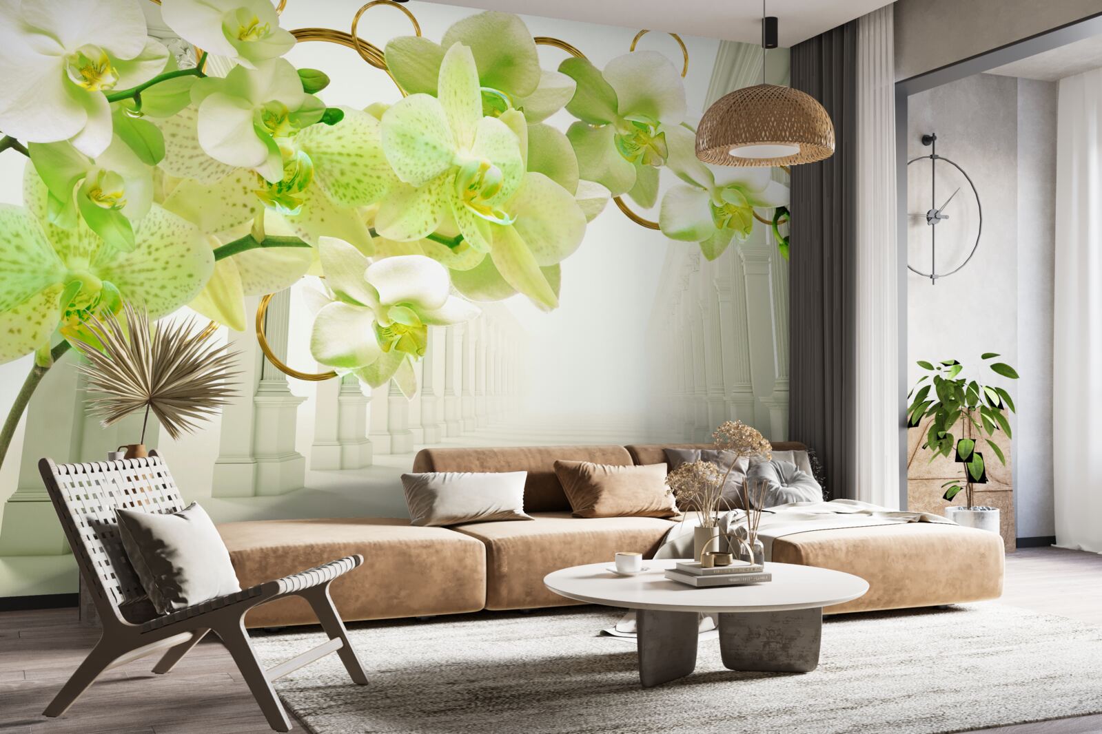 Fototapeta biało-zielona orchidea na tle białych filarów