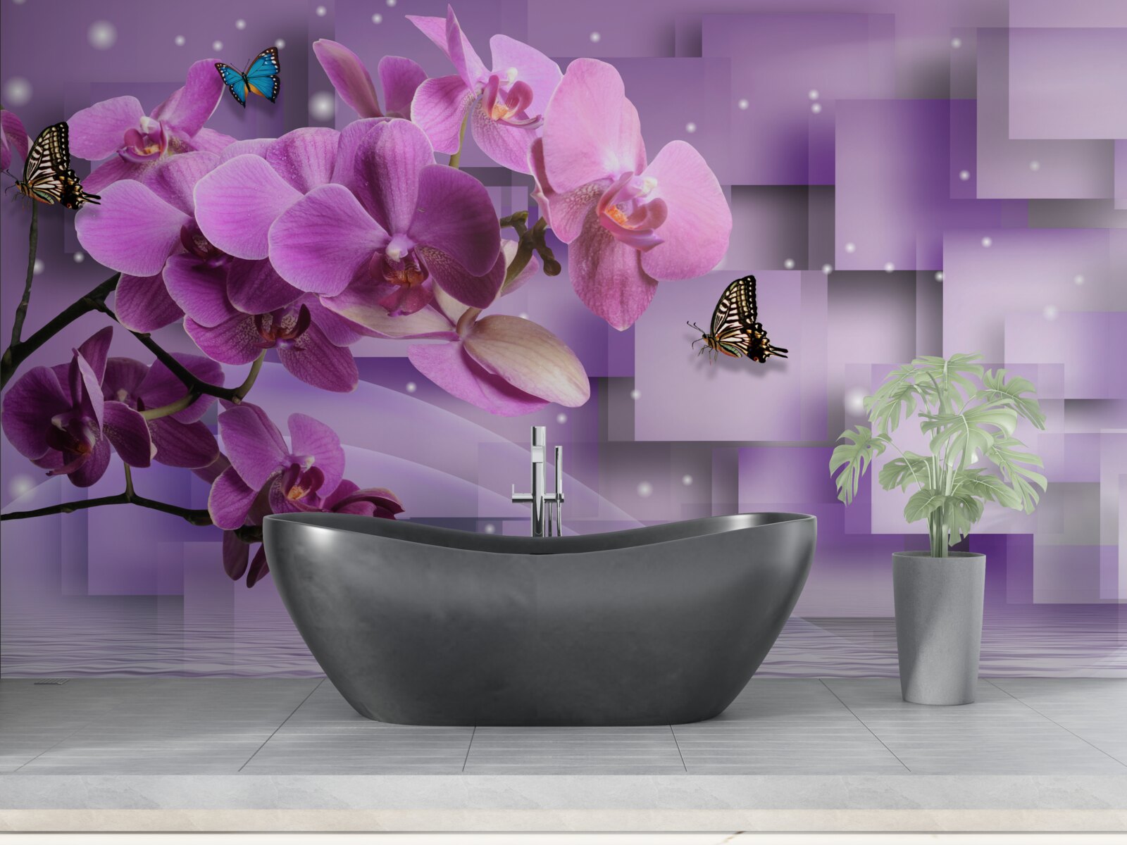 Fototapeta skład cienkich orchidei i motyli