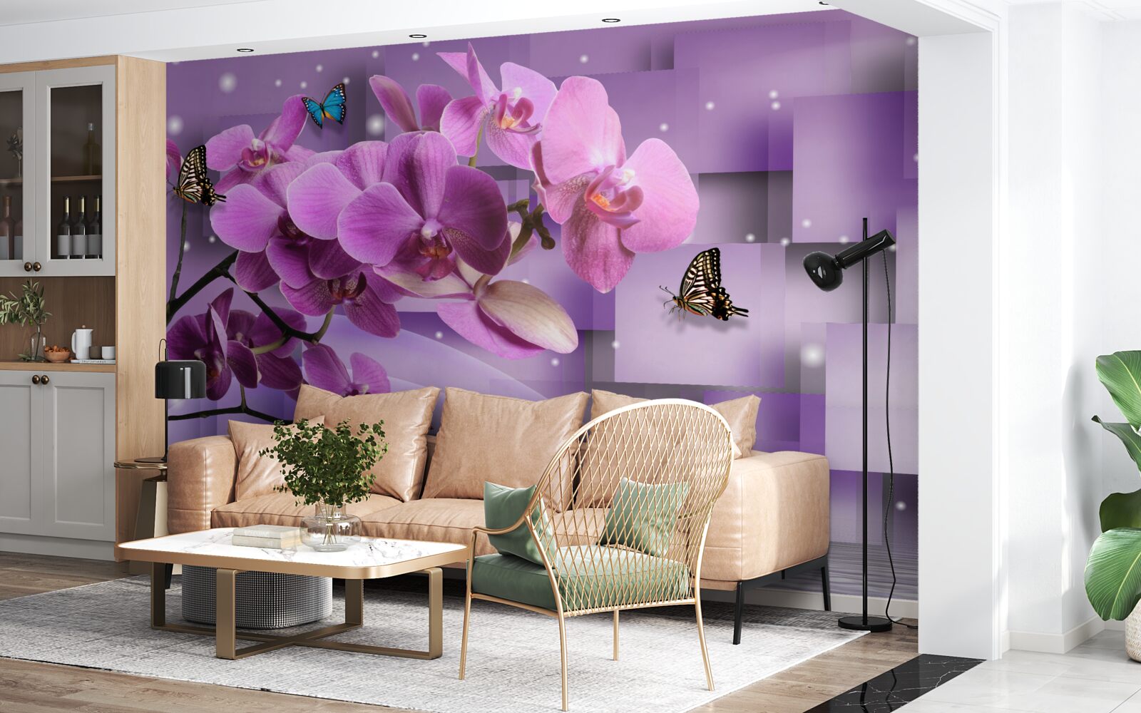 Fototapeta skład cienkich orchidei i motyli