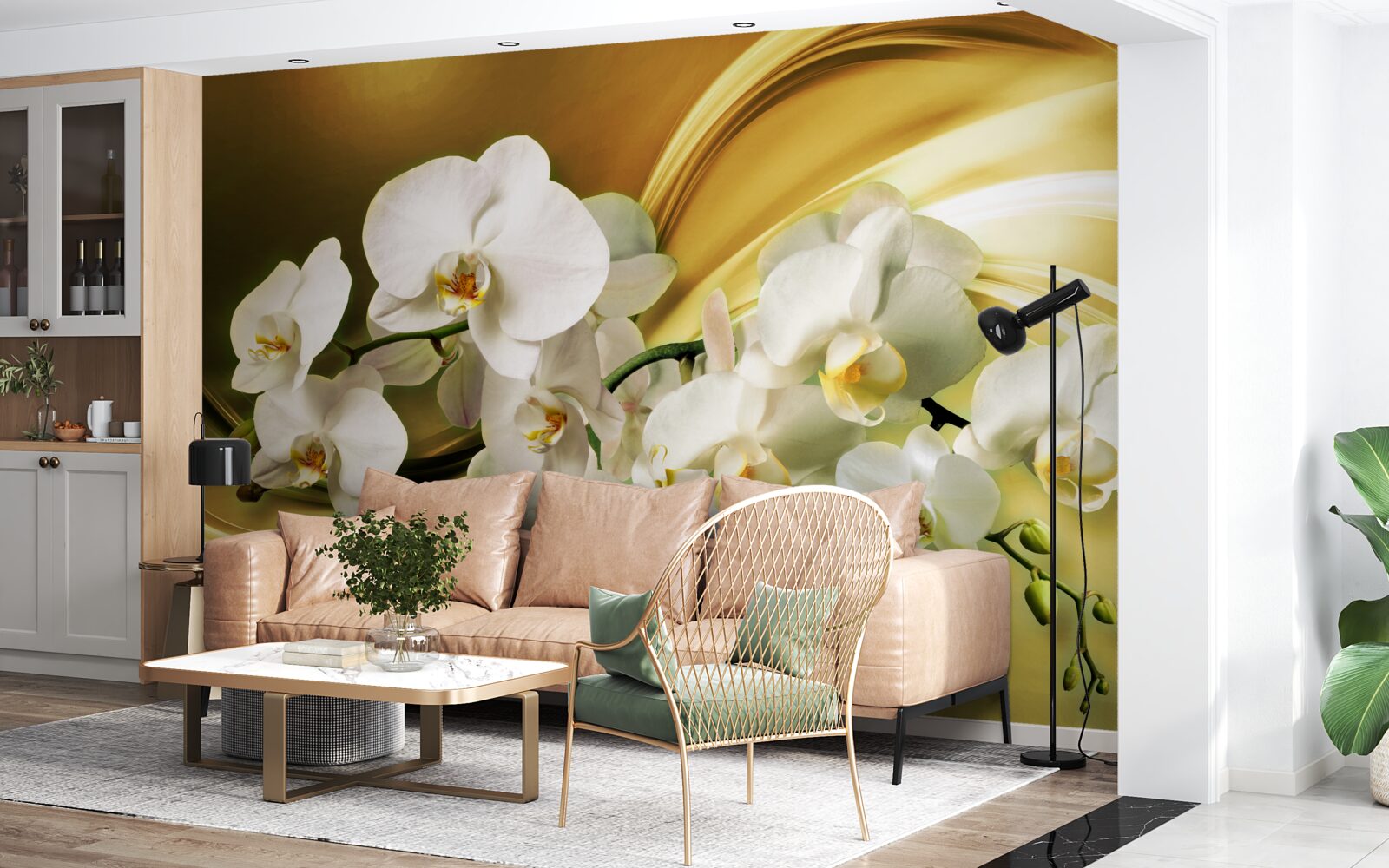 Fototapeta Śnieżnobiałe orchidee, luksusowo otwarte na brązowej jedwabnej tkaninie