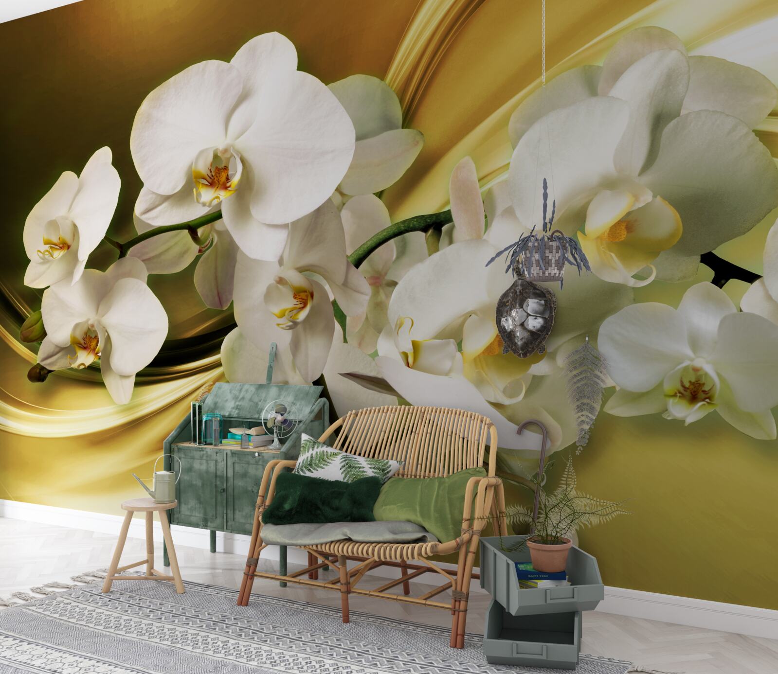 Fototapeta Śnieżnobiałe orchidee, luksusowo otwarte na brązowej jedwabnej tkaninie