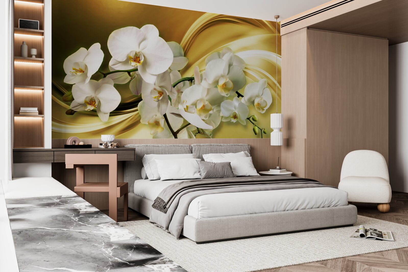 Fototapeta Śnieżnobiałe orchidee, luksusowo otwarte na brązowej jedwabnej tkaninie