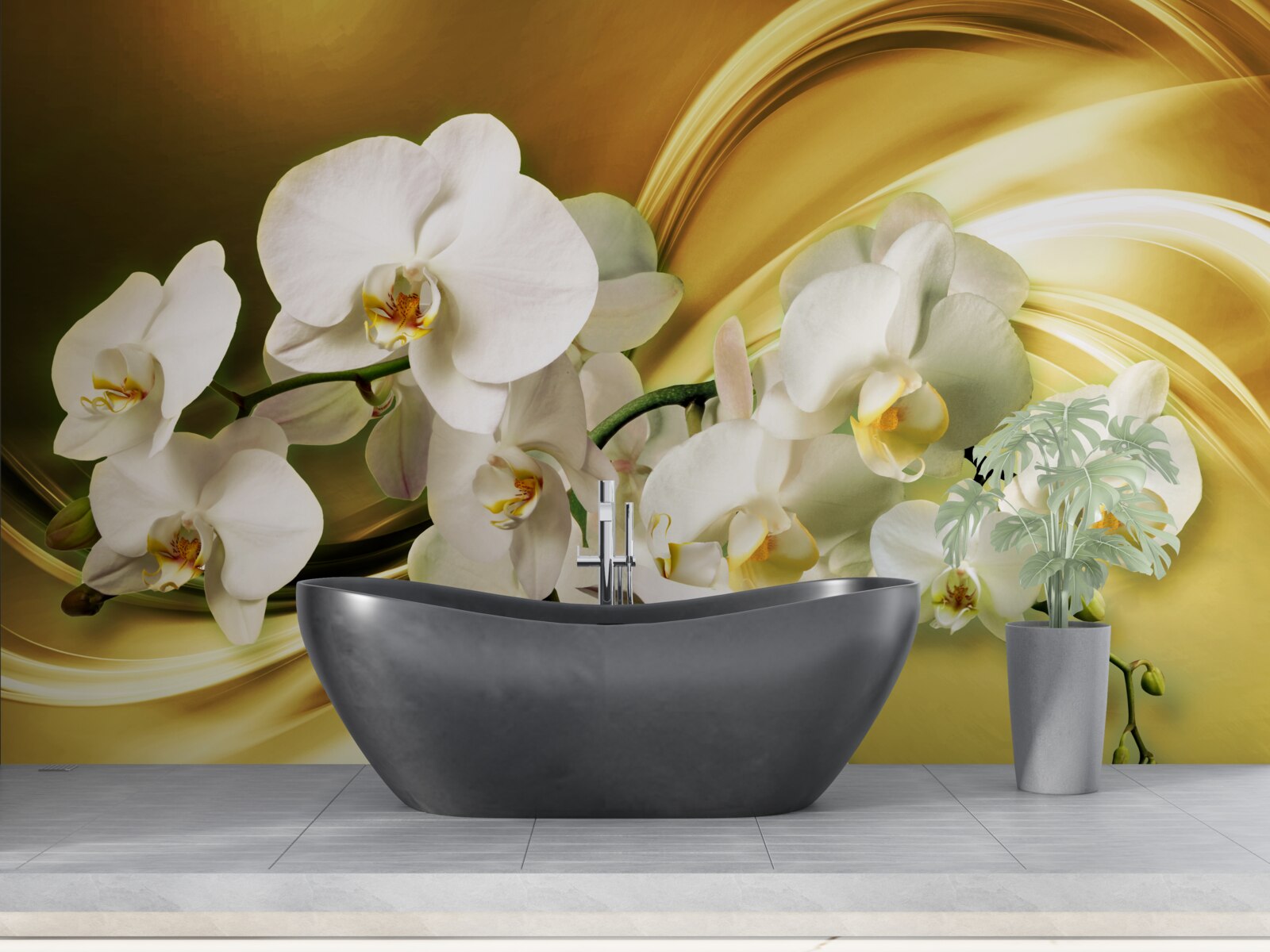 Fototapeta Śnieżnobiałe orchidee, luksusowo otwarte na brązowej jedwabnej tkaninie