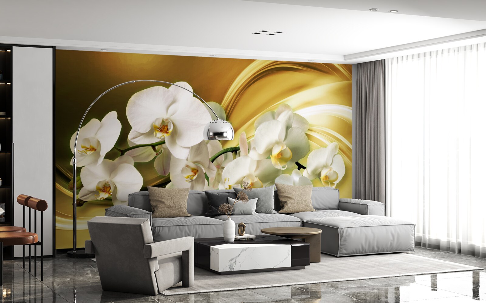 Fototapeta Śnieżnobiałe orchidee, luksusowo otwarte na brązowej jedwabnej tkaninie