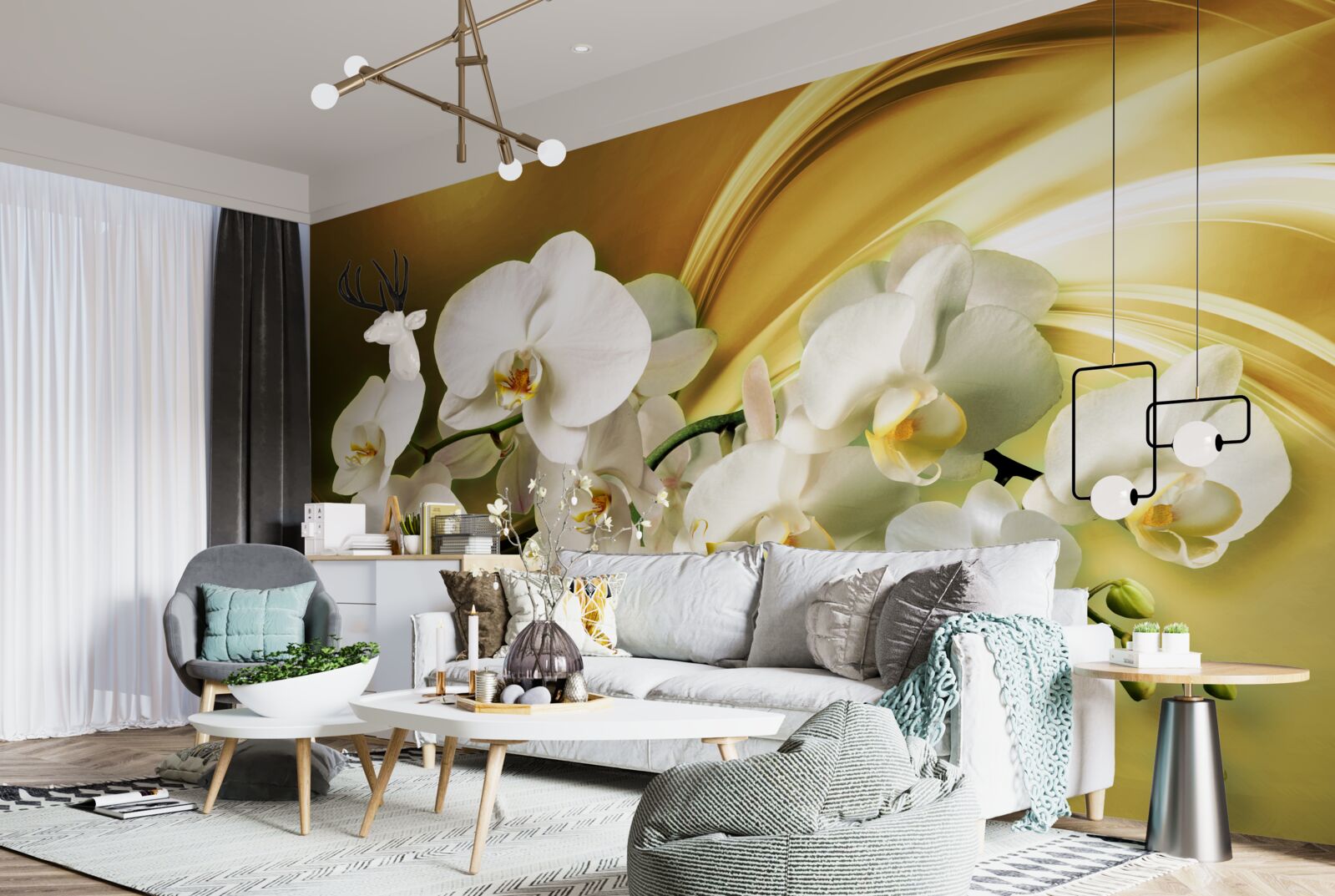Fototapeta Śnieżnobiałe orchidee, luksusowo otwarte na brązowej jedwabnej tkaninie