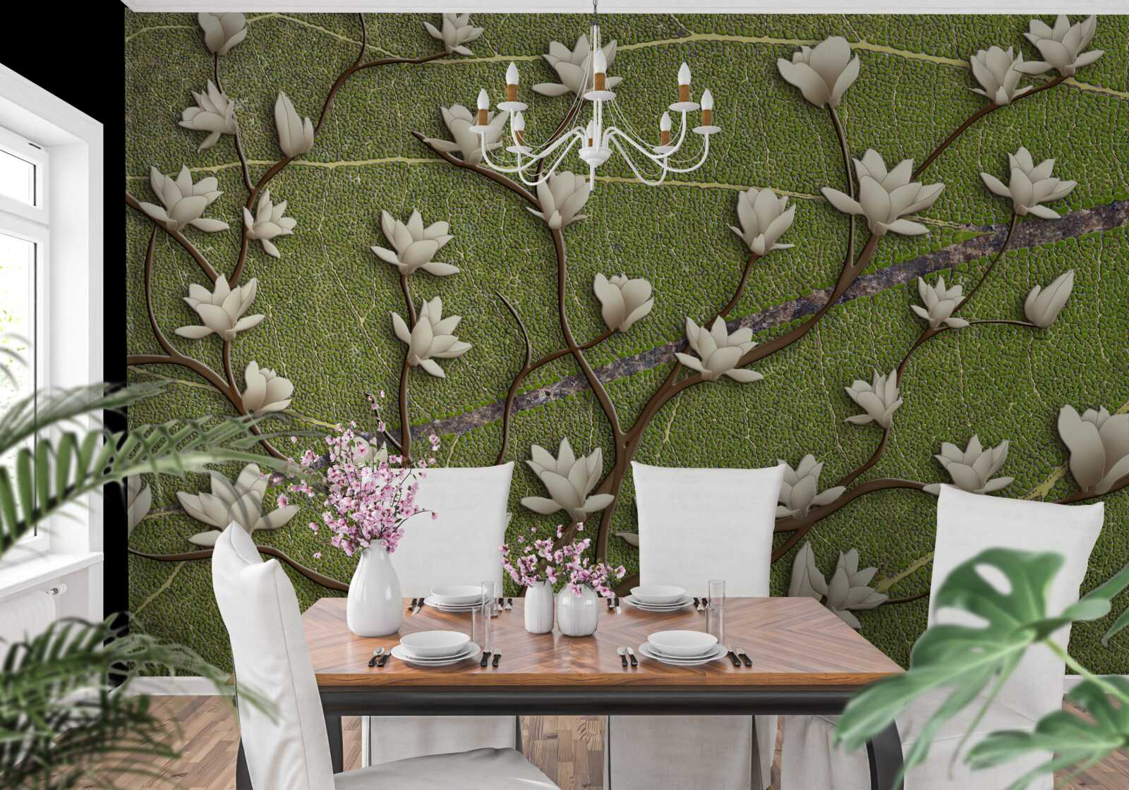 Fototapeta Śnieżnobiałe gałęzie magnolii na zielonym tle