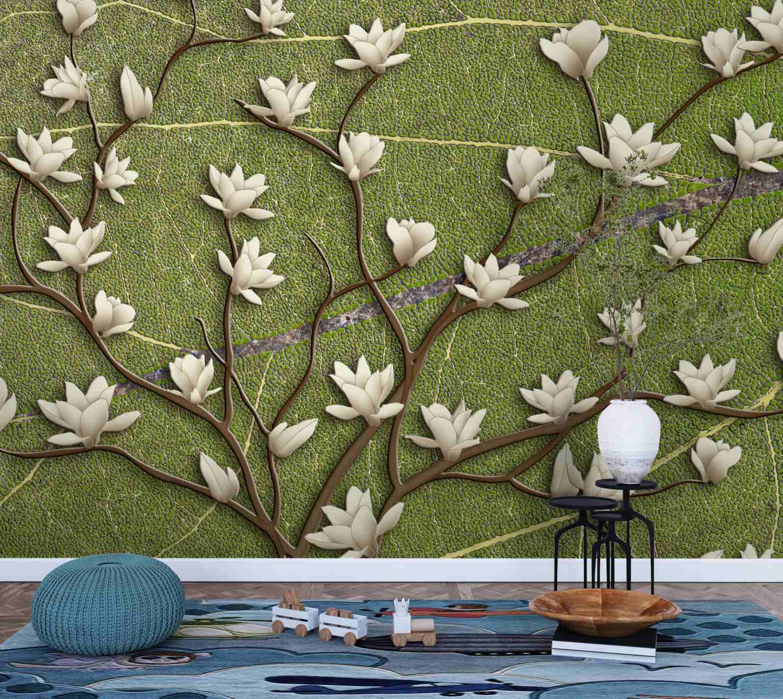 Fototapeta Śnieżnobiałe gałęzie magnolii na zielonym tle