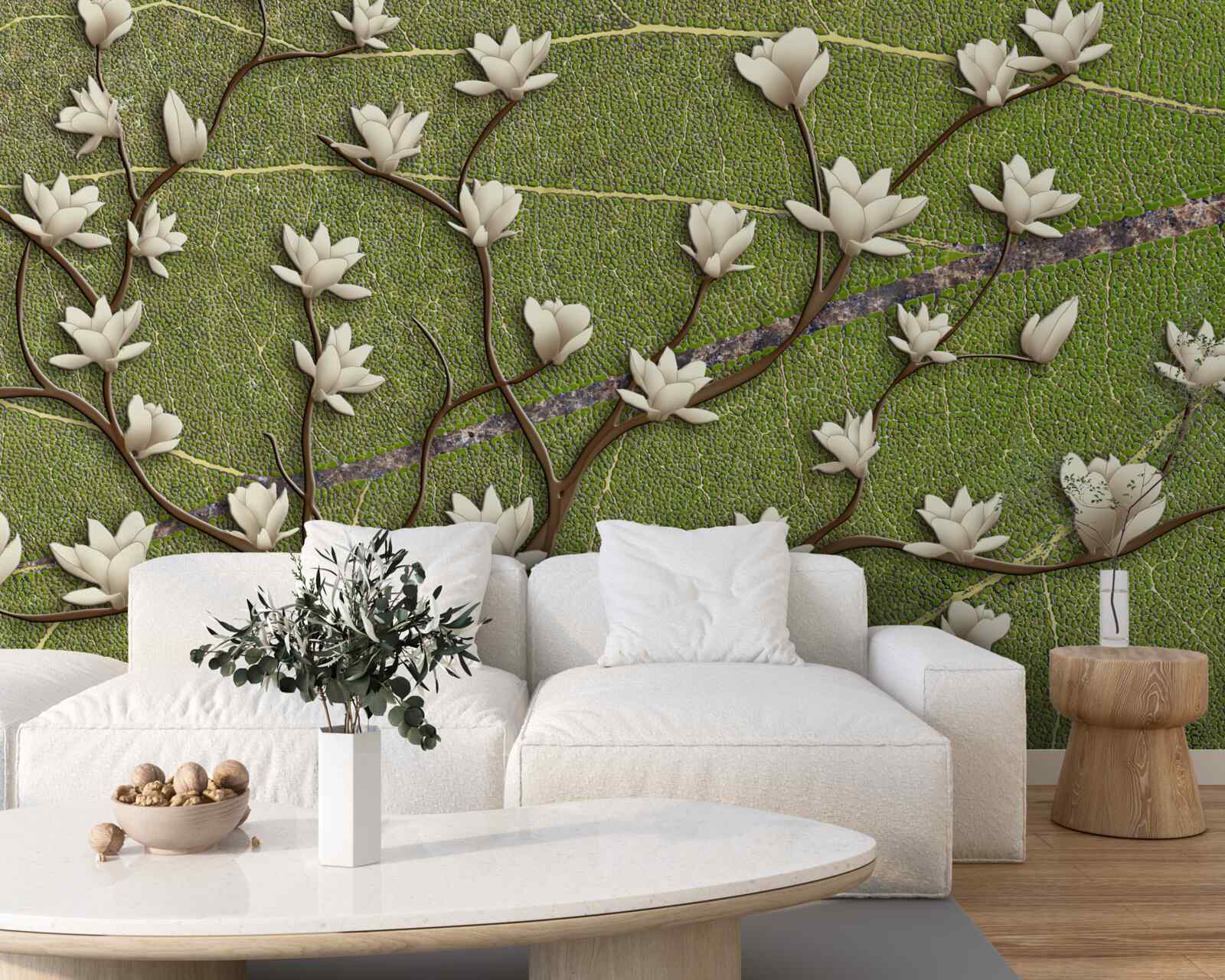 Fototapeta Śnieżnobiałe gałęzie magnolii na zielonym tle