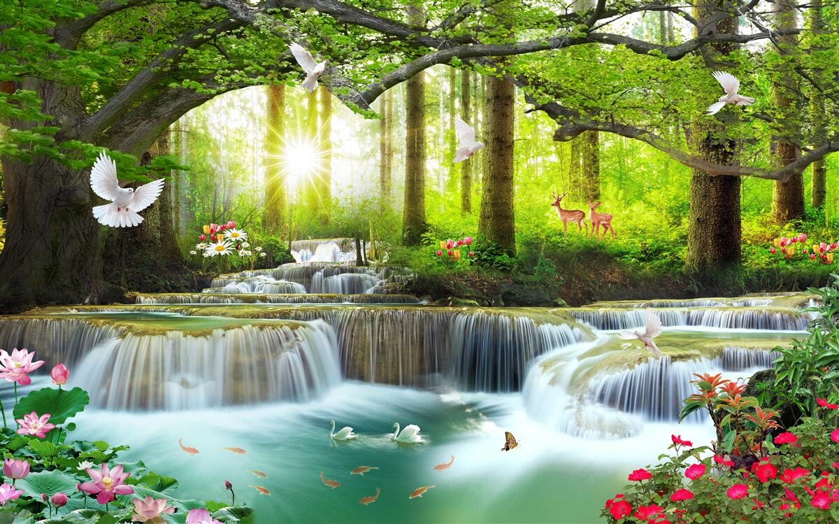 Fototapeta Życie i natura przy dzikim wodospadzie w lesie