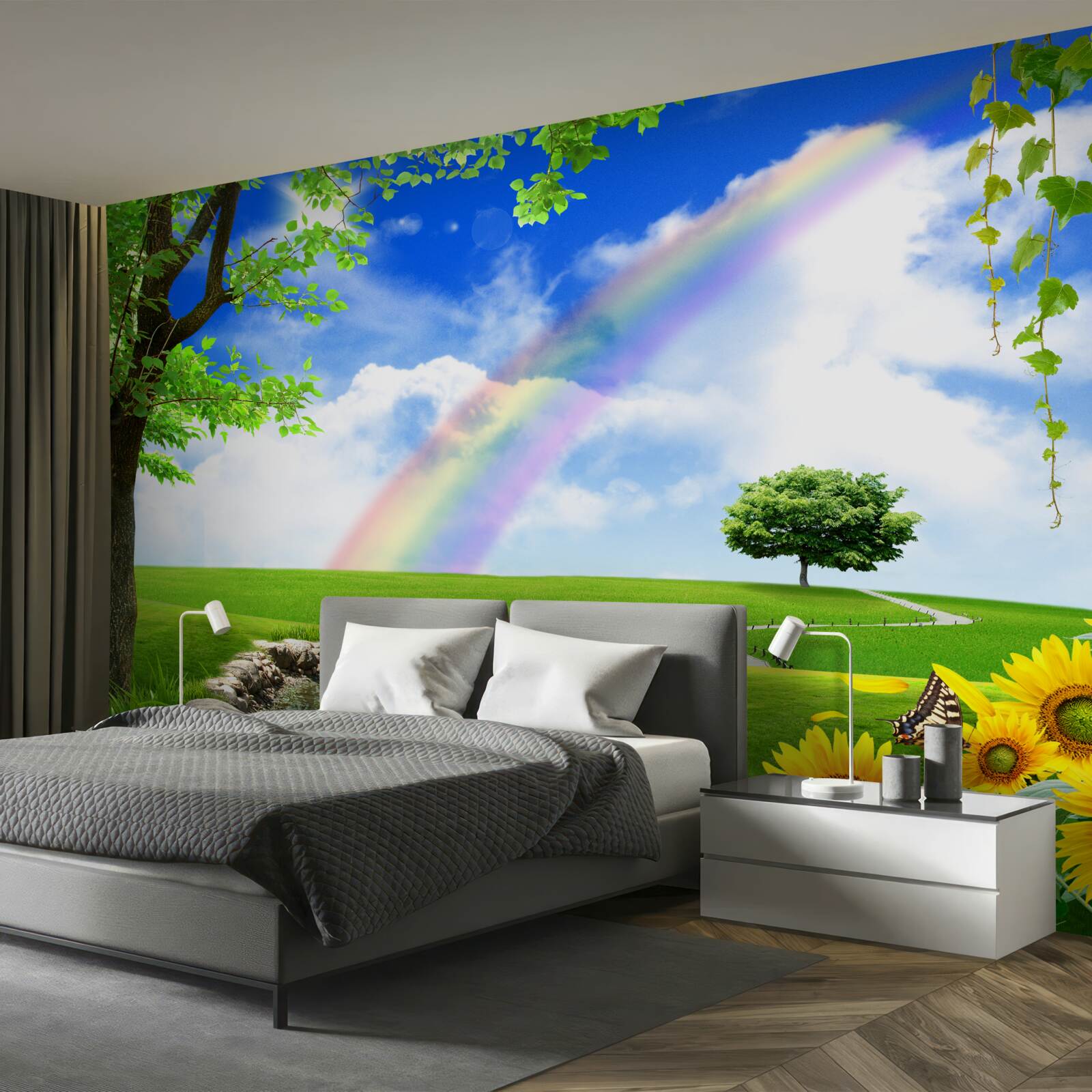 Fototapeta kolorowa poświata nad zieloną polaną