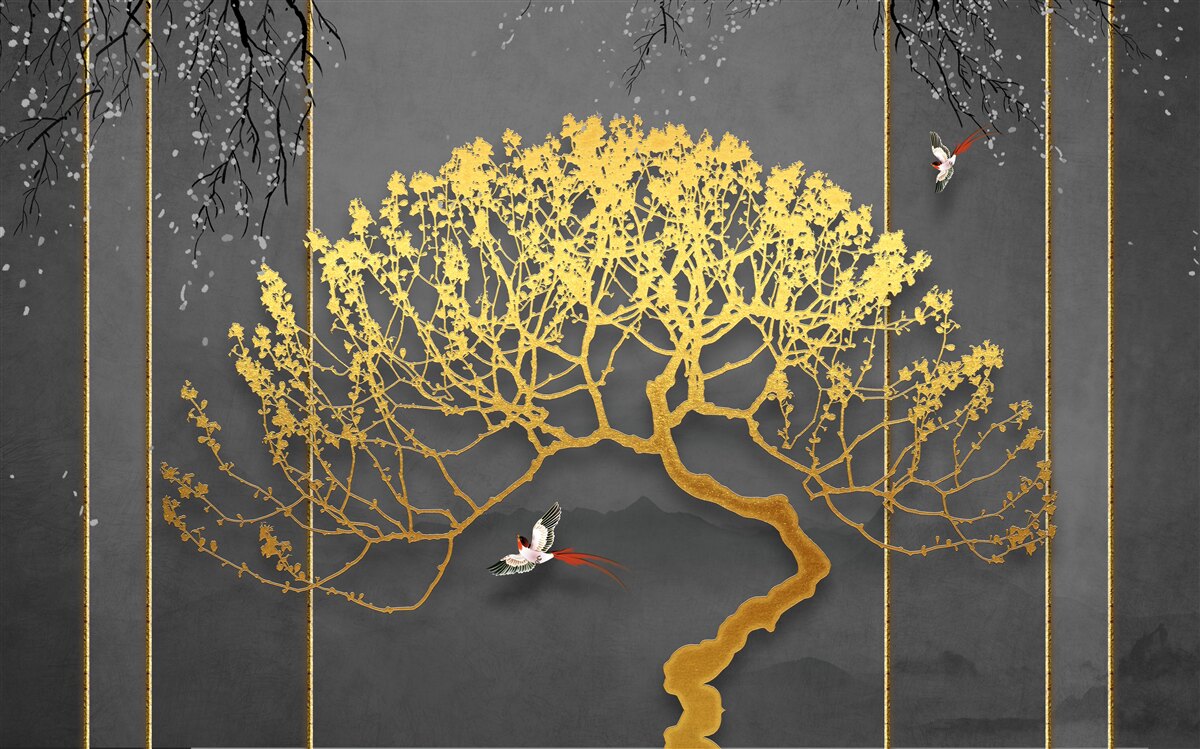 Fototapeta sylwetka drzewka bonsai błyszcząca złotem