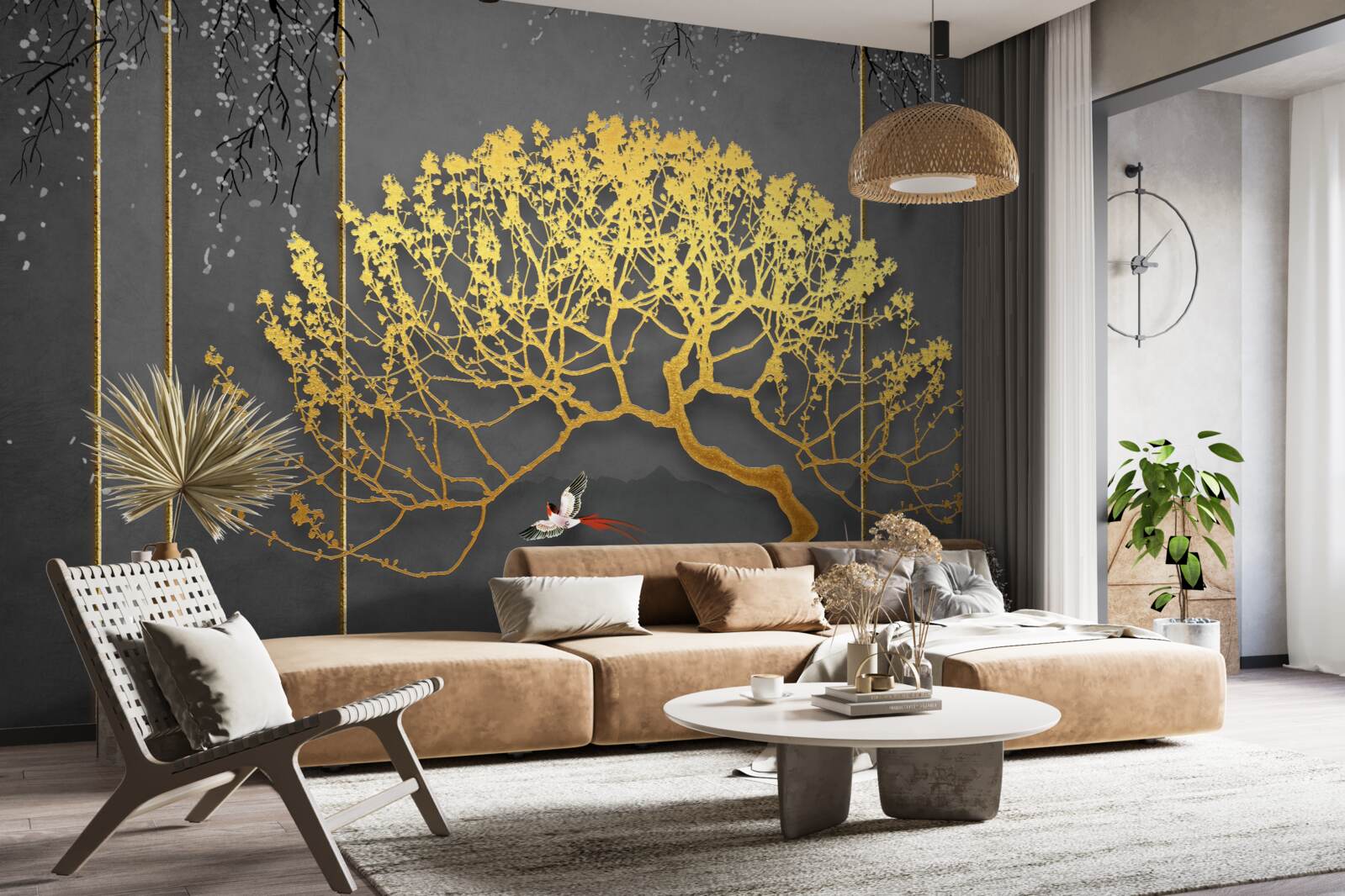 Fototapeta sylwetka drzewka bonsai błyszcząca złotem