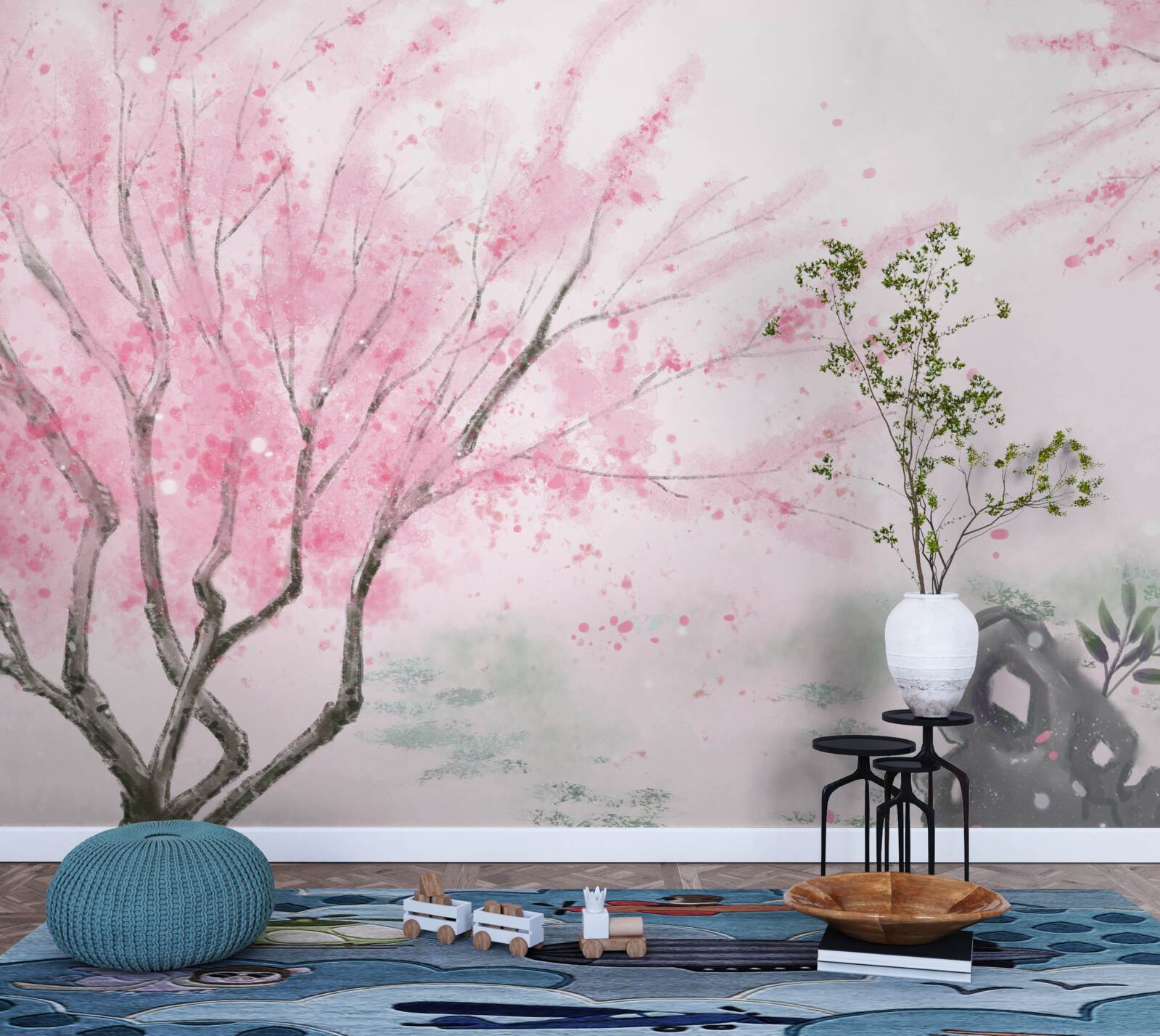 Fototapeta sakura w pobliżu stawu jest pomalowana na różowo