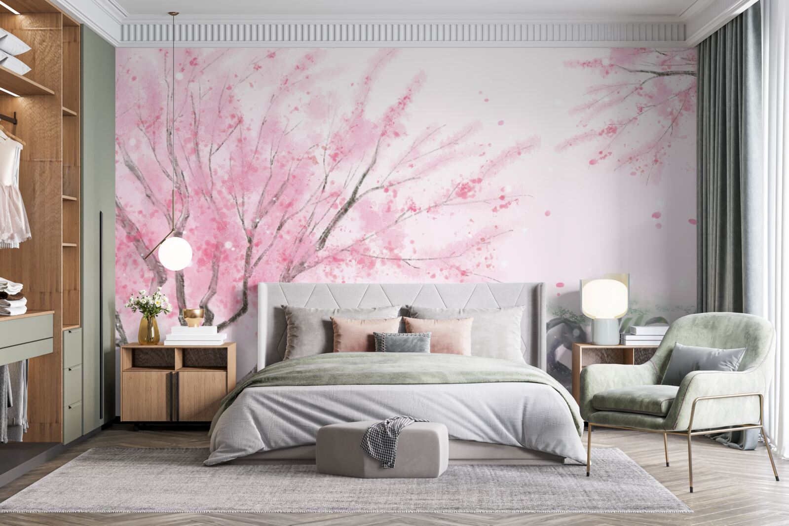 Fototapeta sakura w pobliżu stawu jest pomalowana na różowo