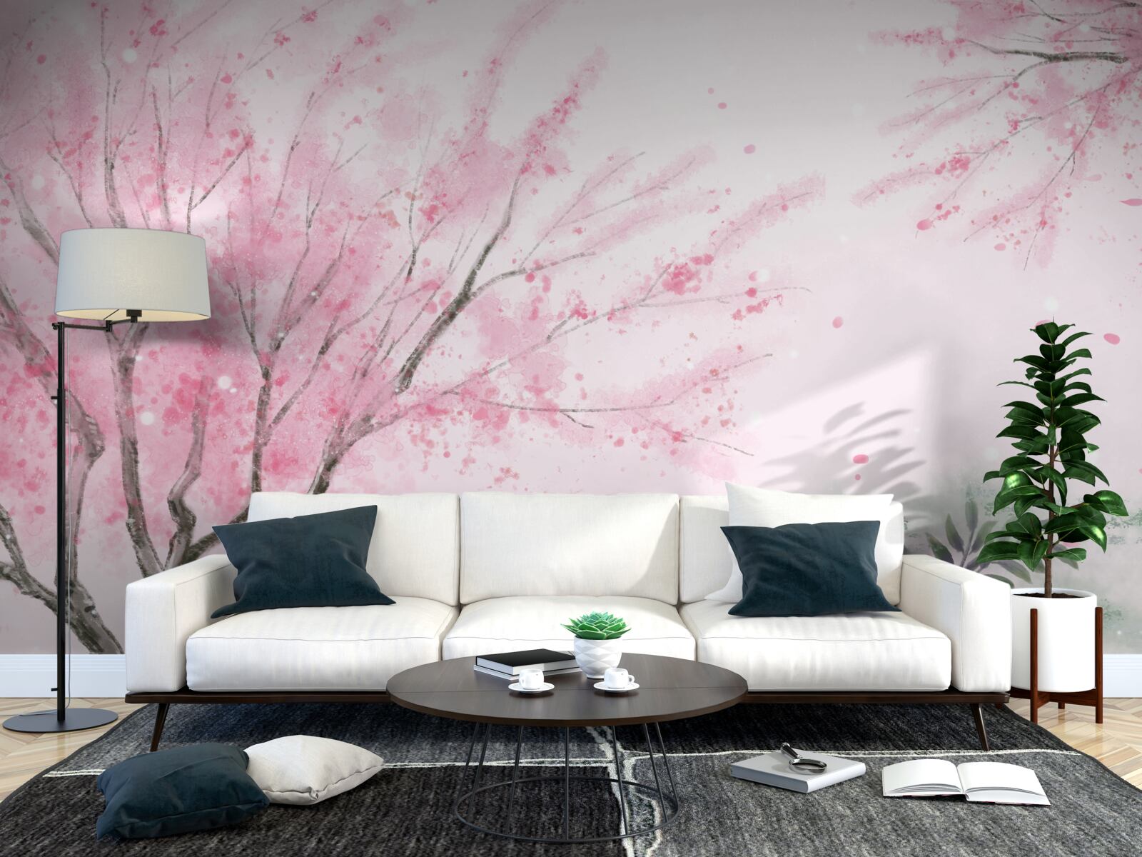 Fototapeta sakura w pobliżu stawu jest pomalowana na różowo
