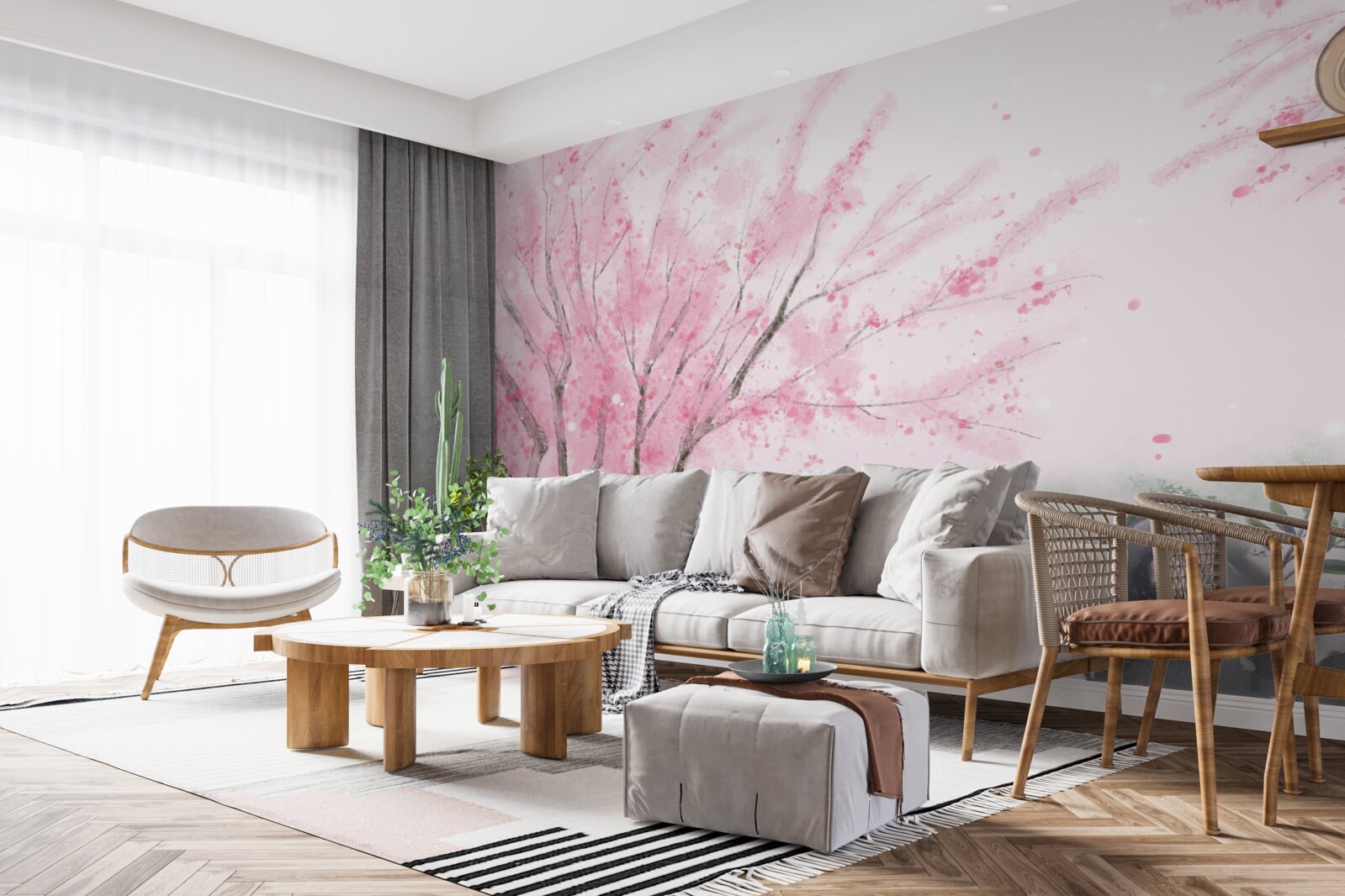 Fototapeta sakura w pobliżu stawu jest pomalowana na różowo