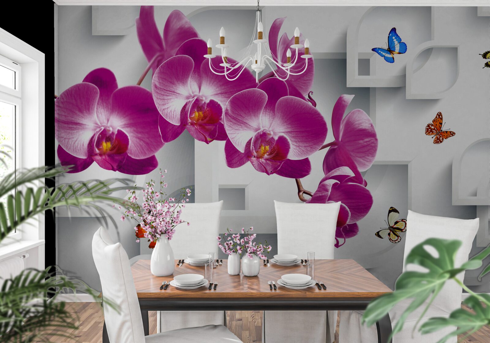 Fototapeta liliowa orchidea ozdobiona motylami