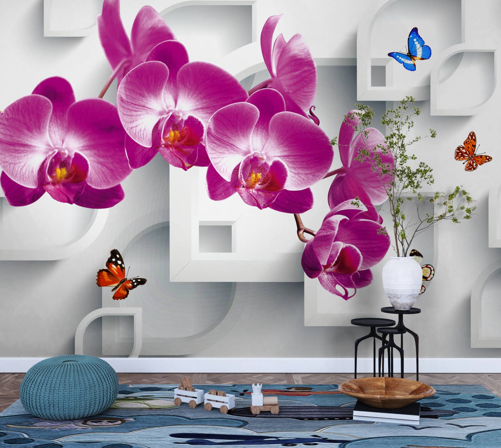 Fototapeta liliowa orchidea ozdobiona motylami