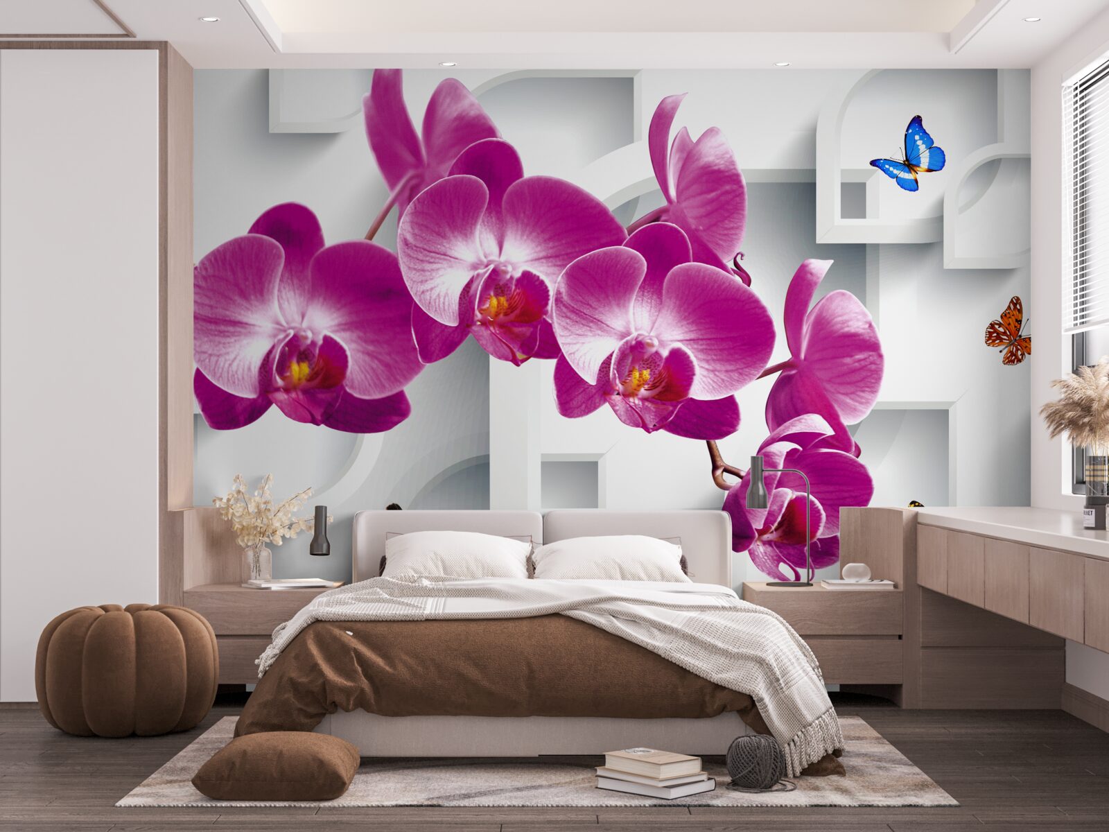 Fototapeta liliowa orchidea ozdobiona motylami