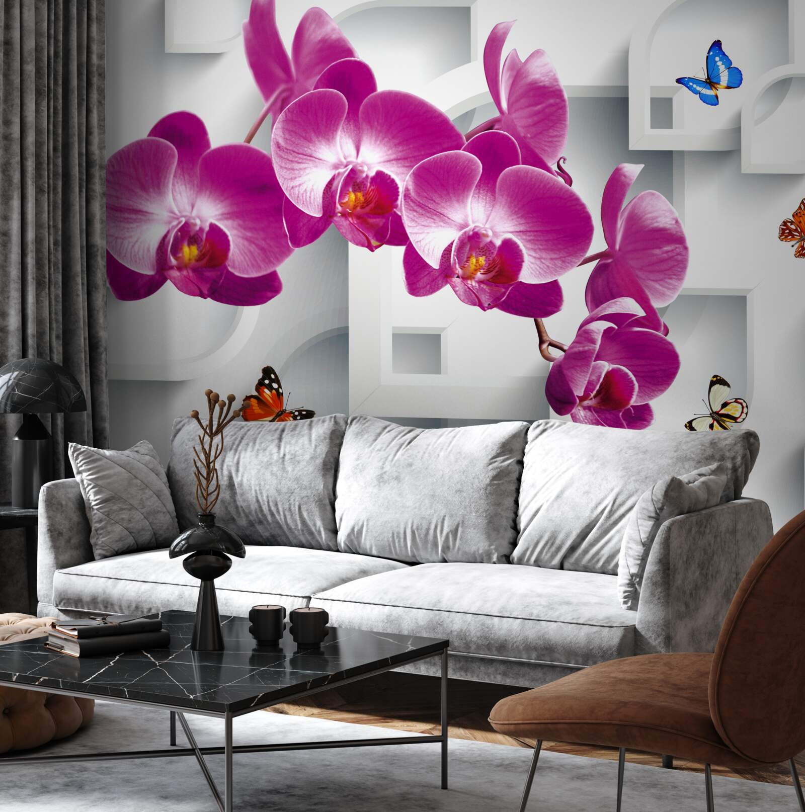 Fototapeta liliowa orchidea ozdobiona motylami