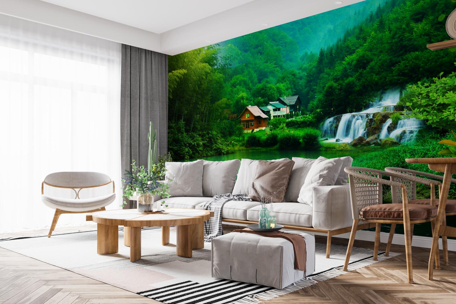 Fototapeta spokojny wodospad obok domu nad jeziorem