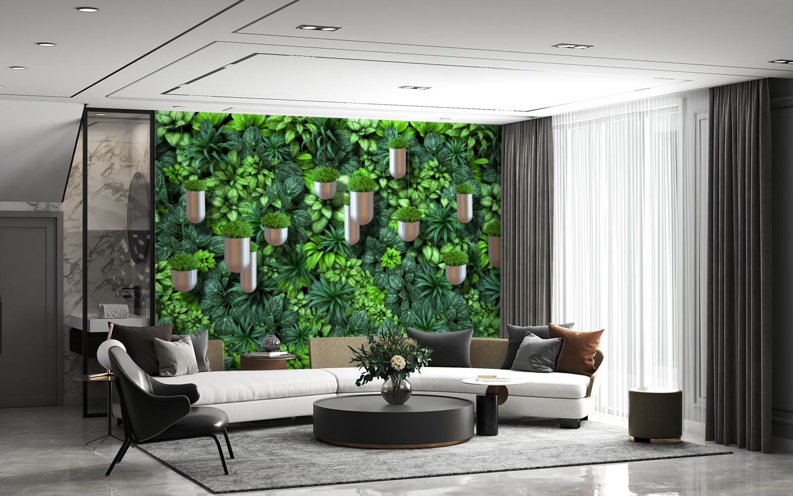 Fototapeta phytowall z doniczkami w odcieniach zieleni