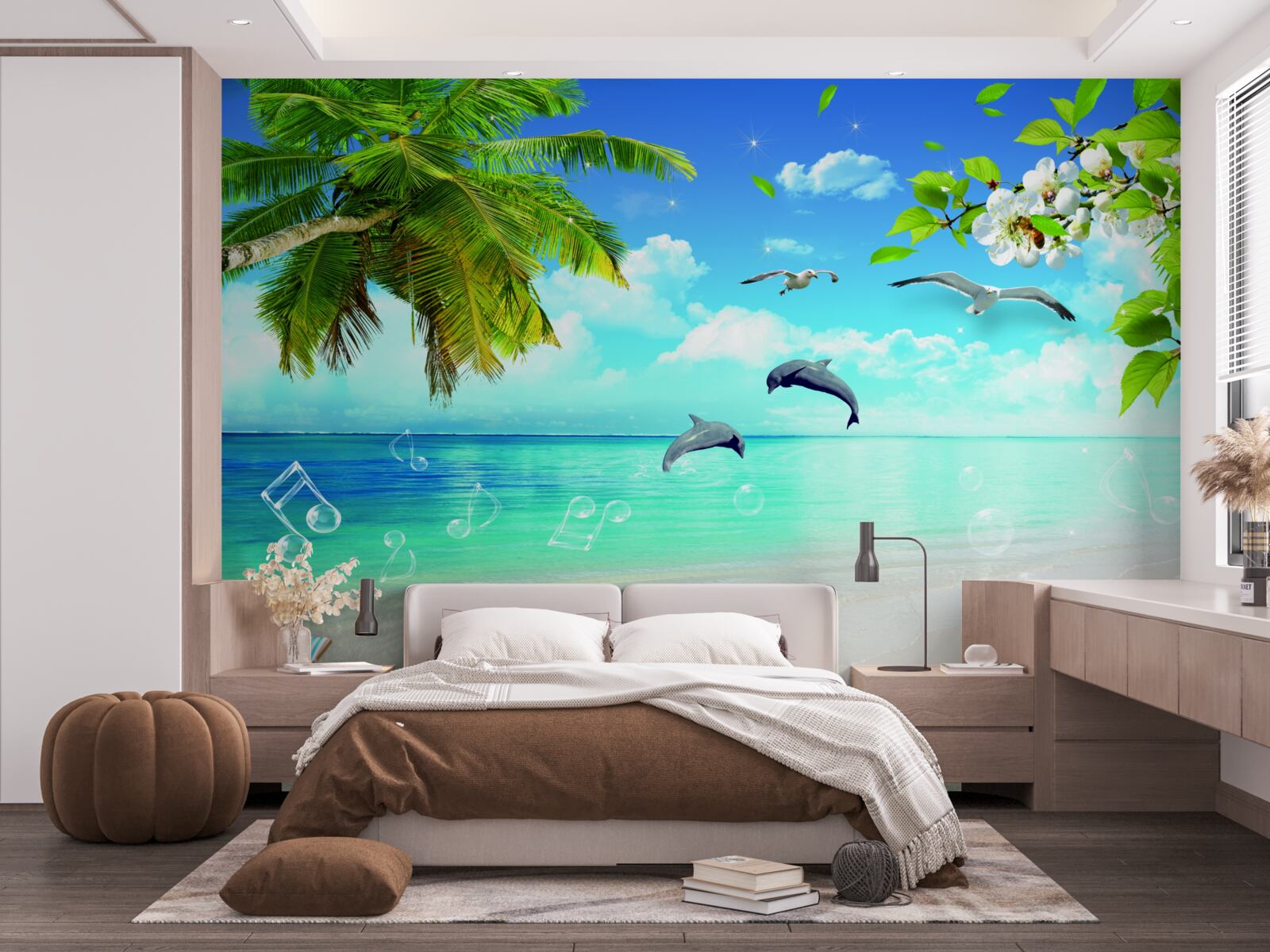 Fototapeta mewy i delfiny na brzegu oceanu