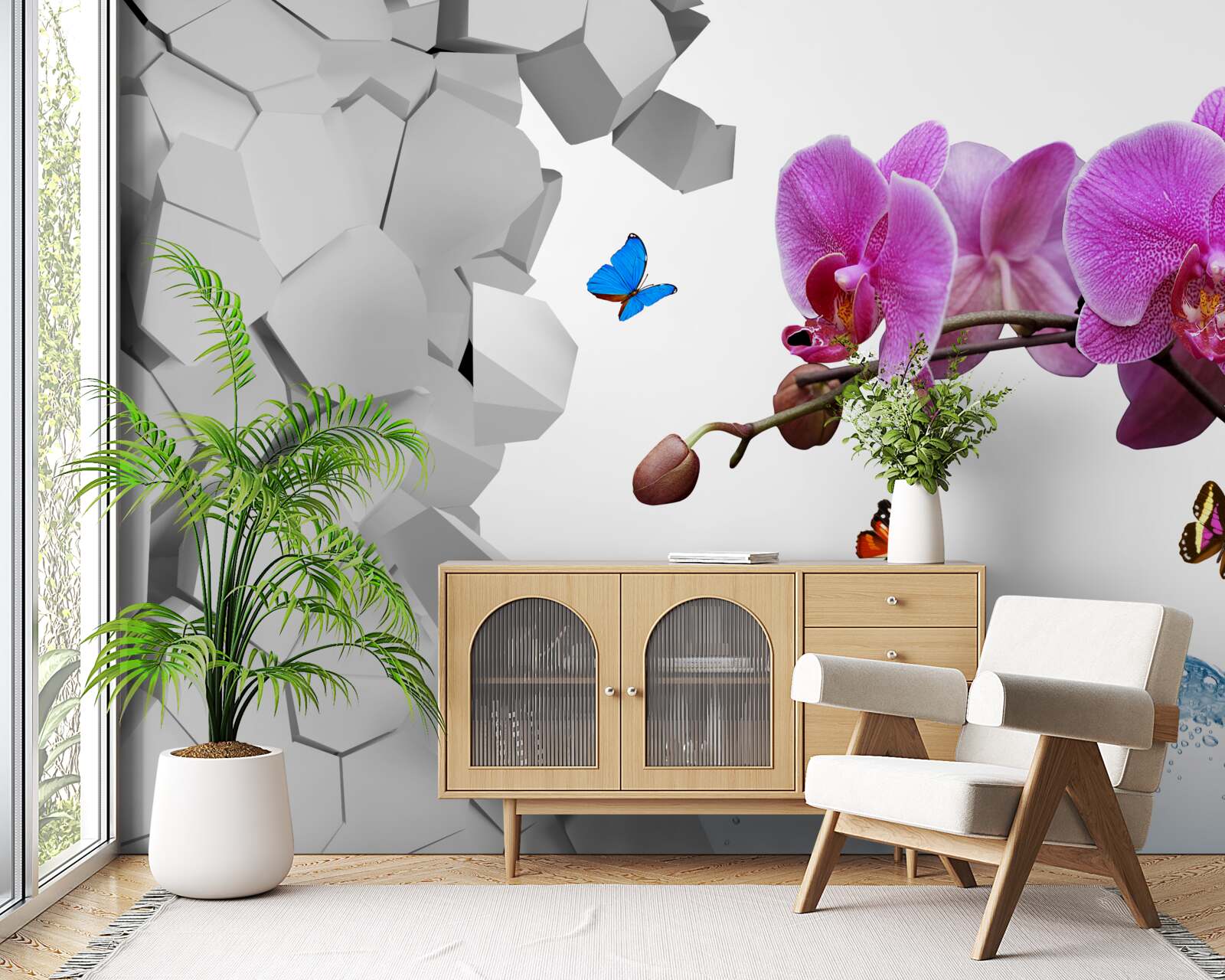 Fototapeta fioletowa orchidea i motyle na gałęzi
