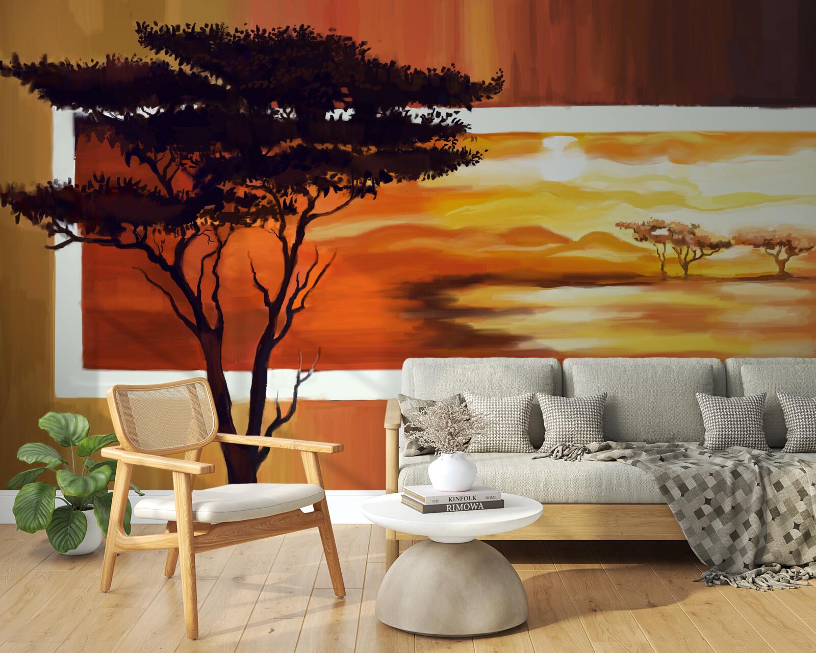 Fototapeta jezioro o zachodzie słońca z bonsai