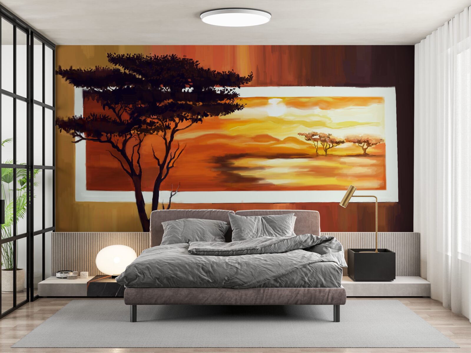 Fototapeta jezioro o zachodzie słońca z bonsai