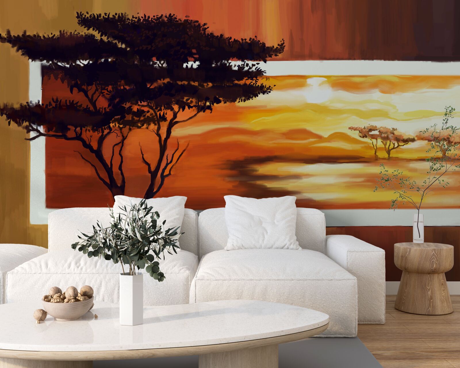 Fototapeta jezioro o zachodzie słońca z bonsai