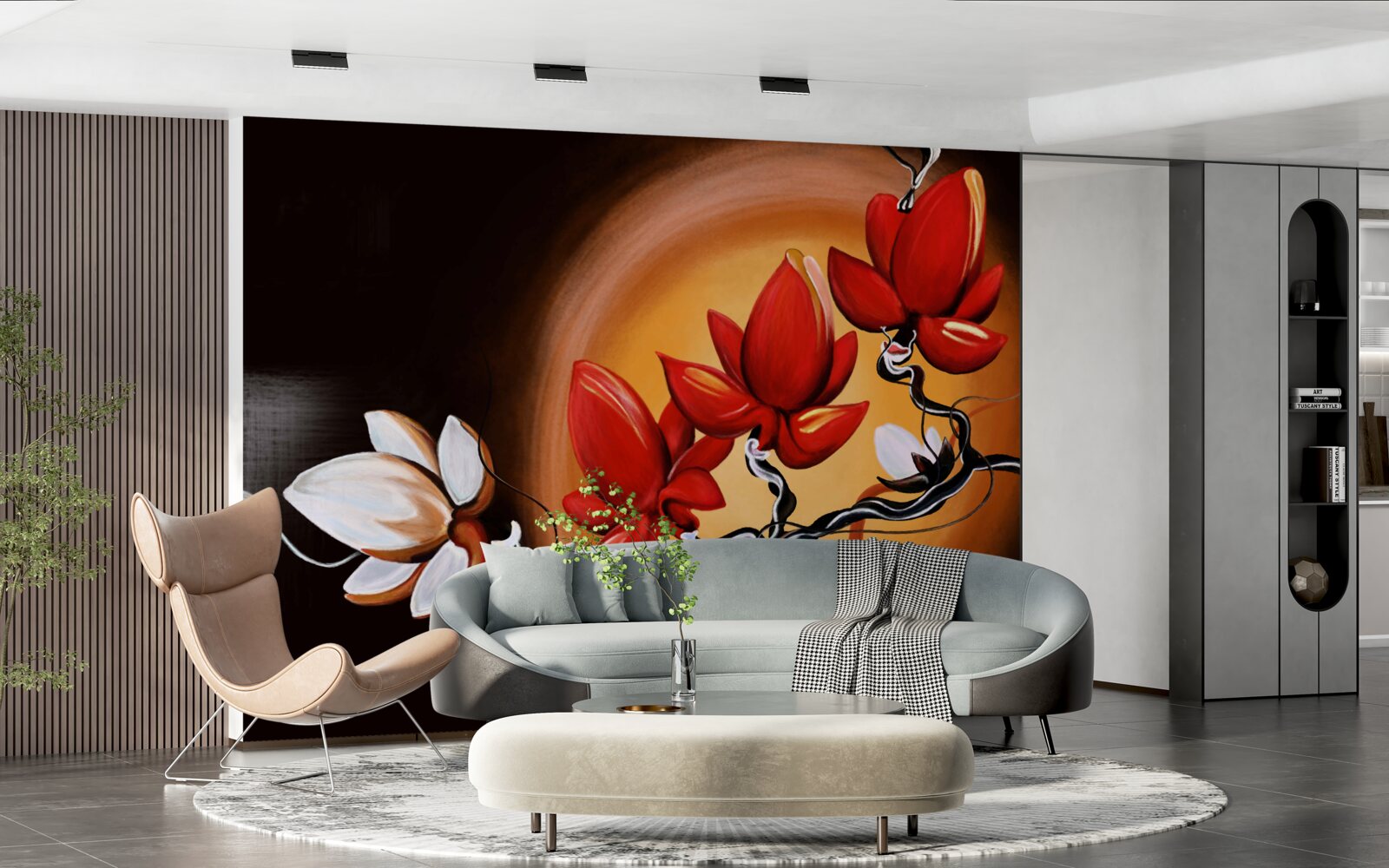 Fototapeta pień magnolii, pomalowany w odcieniach bieli i czerwieni