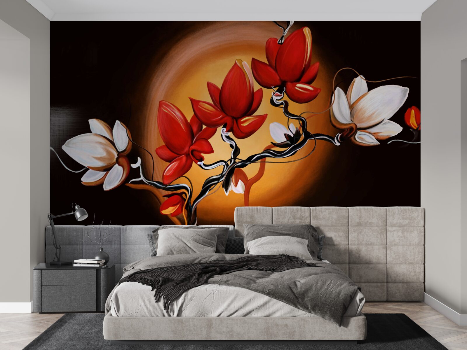 Fototapeta pień magnolii, pomalowany w odcieniach bieli i czerwieni