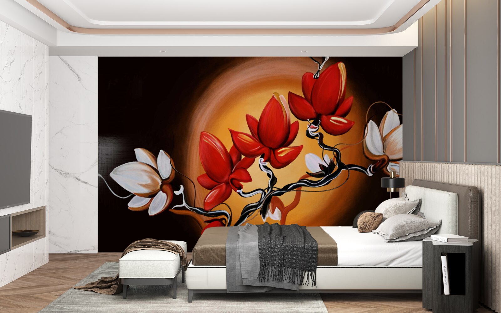 Fototapeta pień magnolii, pomalowany w odcieniach bieli i czerwieni