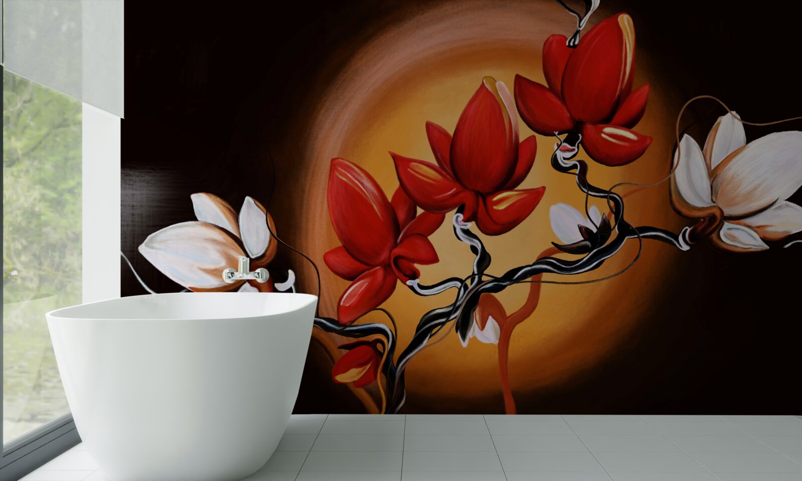 Fototapeta pień magnolii, pomalowany w odcieniach bieli i czerwieni