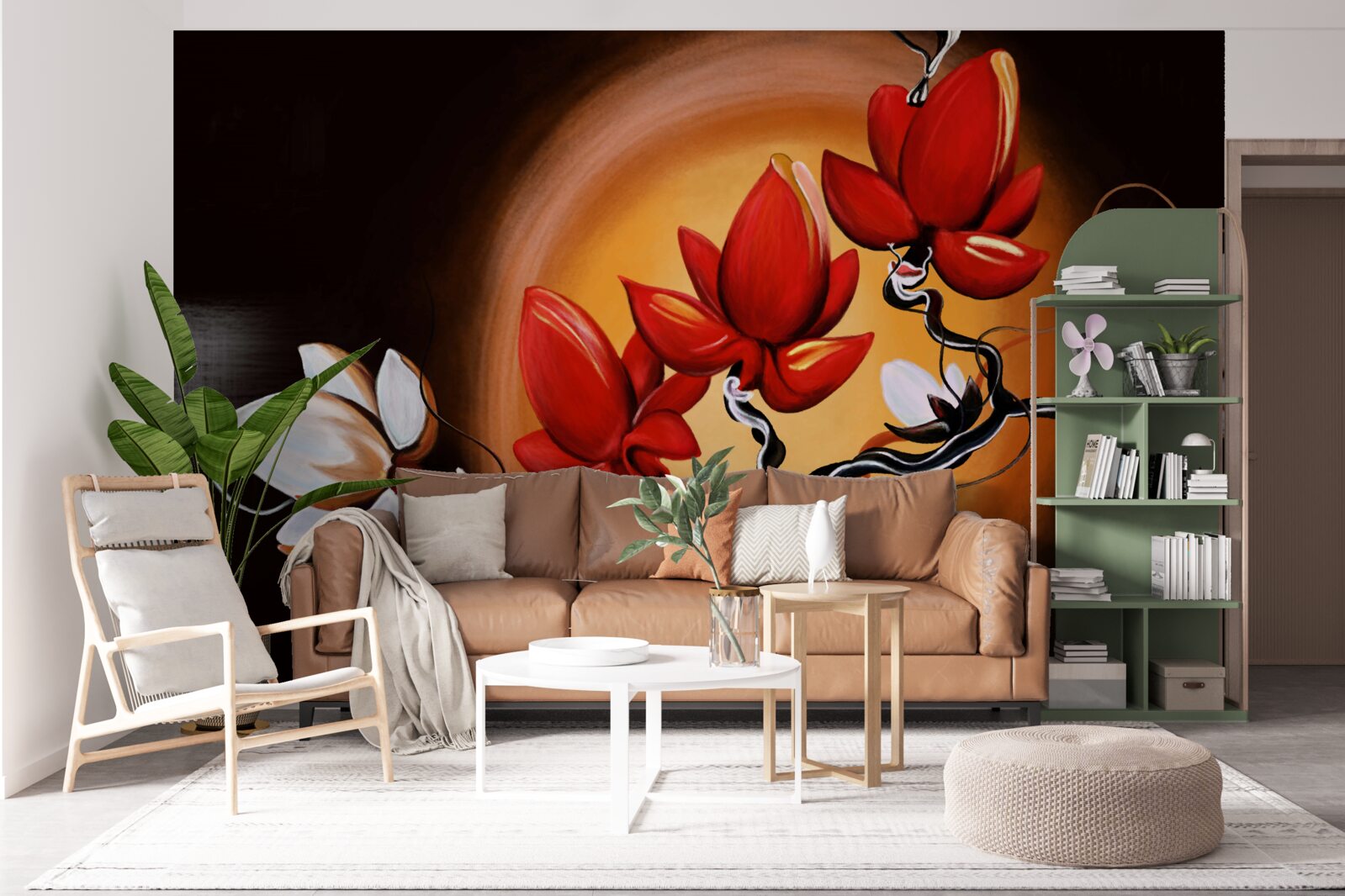 Fototapeta pień magnolii, pomalowany w odcieniach bieli i czerwieni