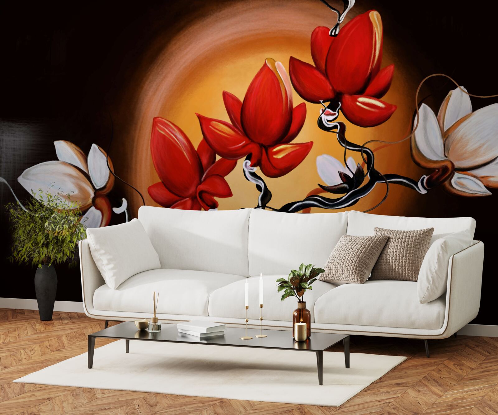 Fototapeta pień magnolii, pomalowany w odcieniach bieli i czerwieni