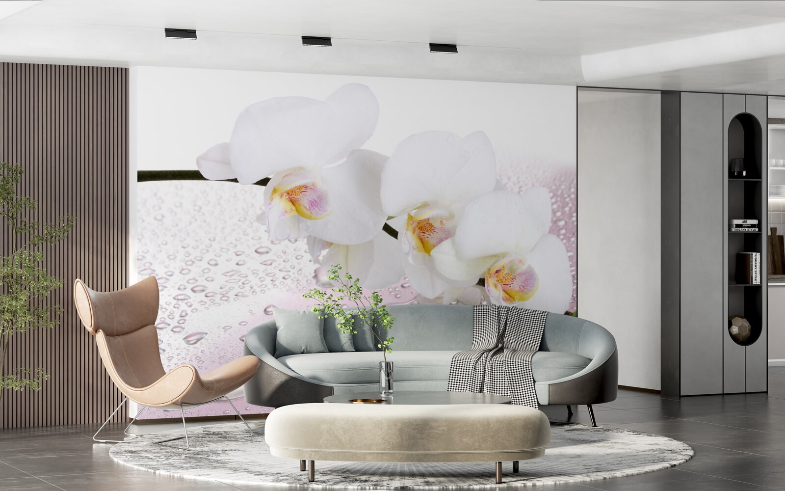Fototapeta mokra biała gałązka orchidei ozdobiona kroplami wody