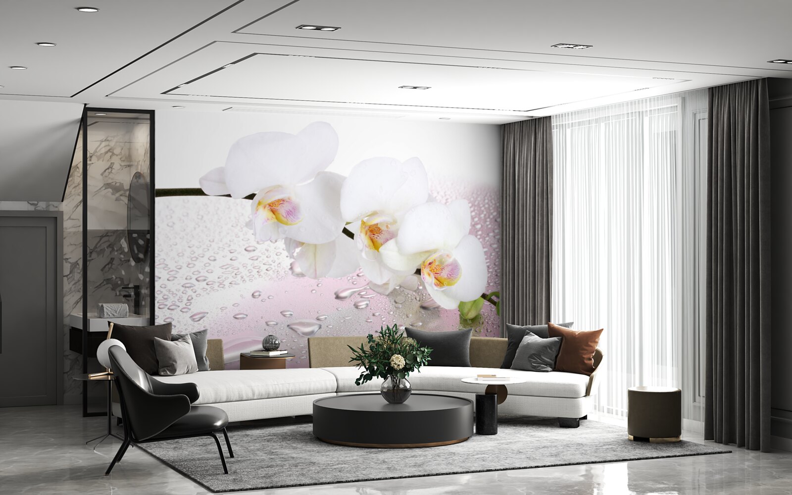 Fototapeta mokra biała gałązka orchidei ozdobiona kroplami wody