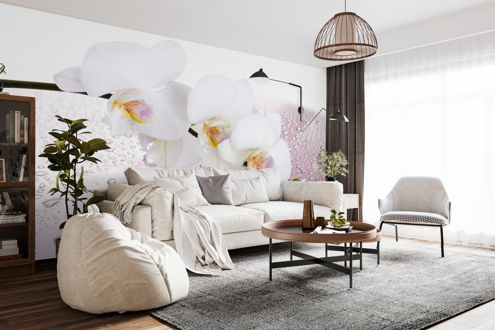 Fototapeta mokra biała gałązka orchidei ozdobiona kroplami wody