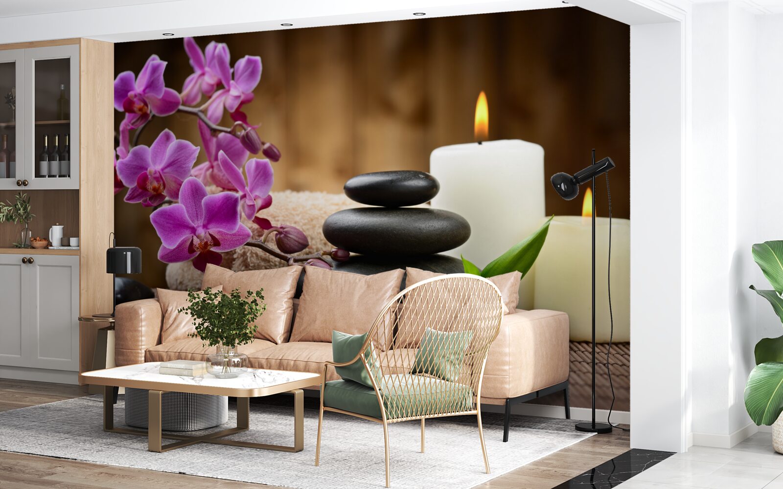 Fototapeta orchidea otoczona świecami i kamieniami