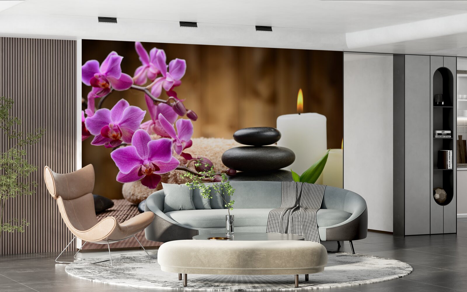 Fototapeta orchidea otoczona świecami i kamieniami