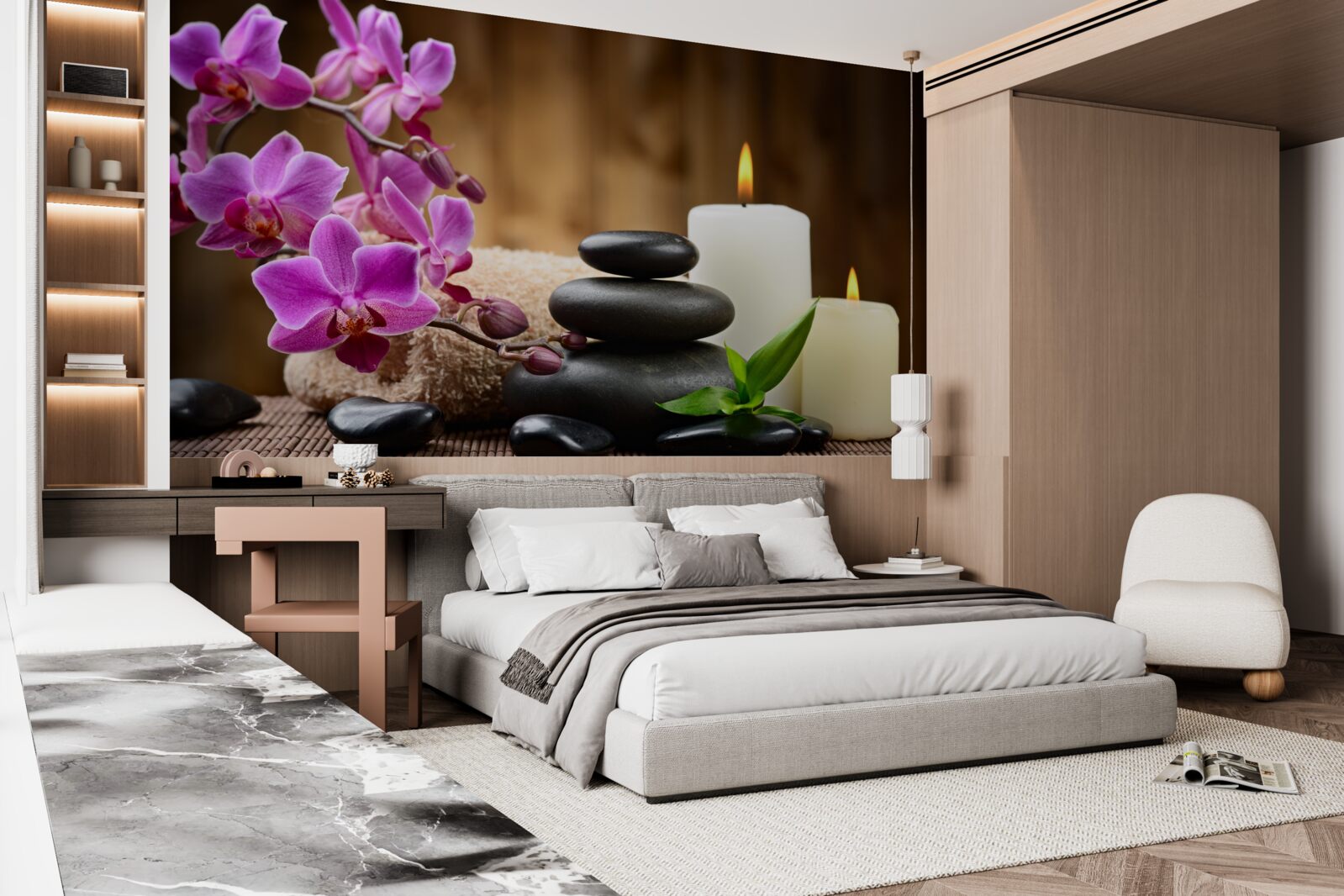 Fototapeta orchidea otoczona świecami i kamieniami